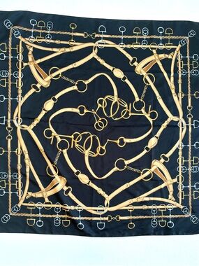 Art of the Scarf Tie Rack Black & Gold Equestrian Themed 34” Square Scarf Italy